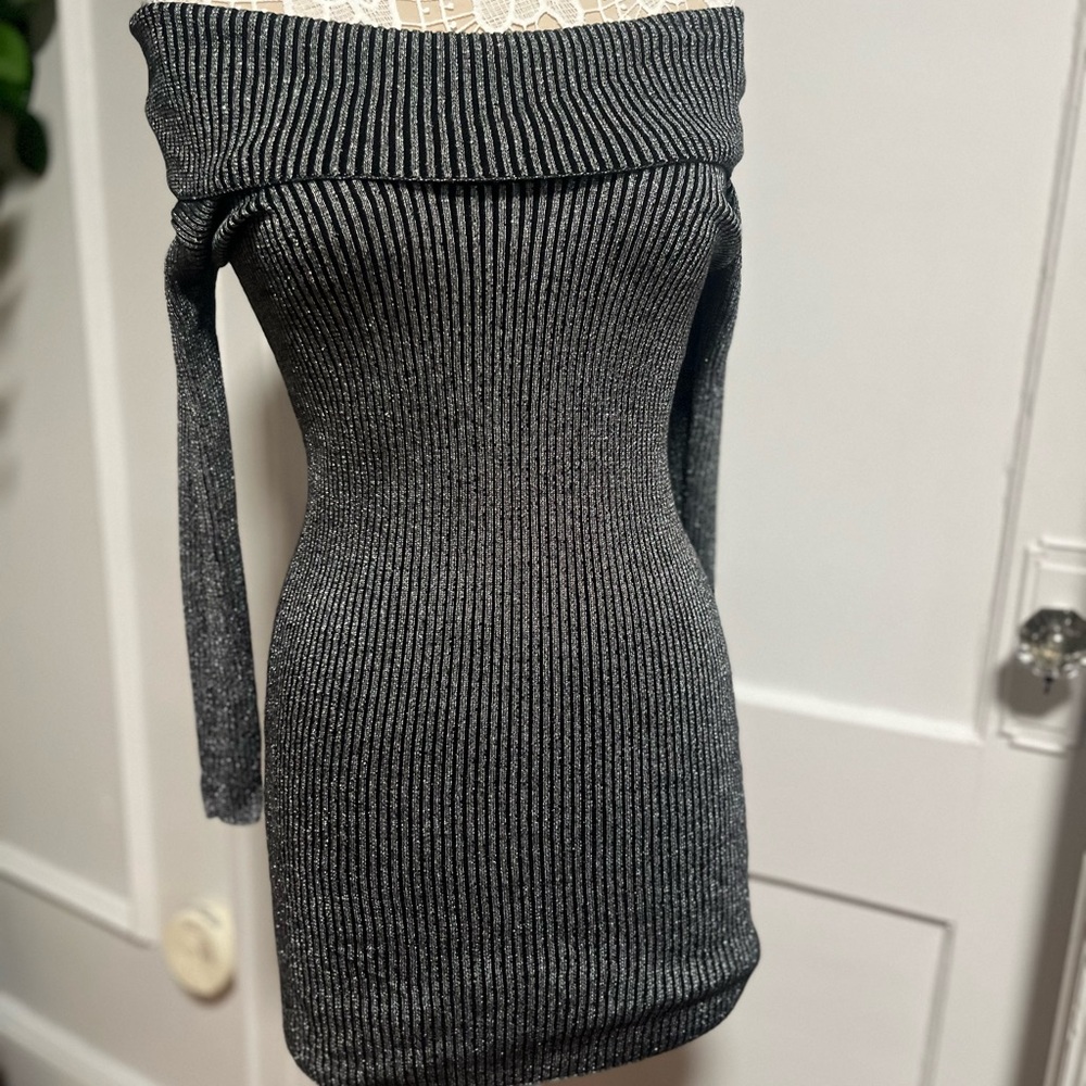 Maje metallic Black and Silver Striped Knit dress size small great for parties!!